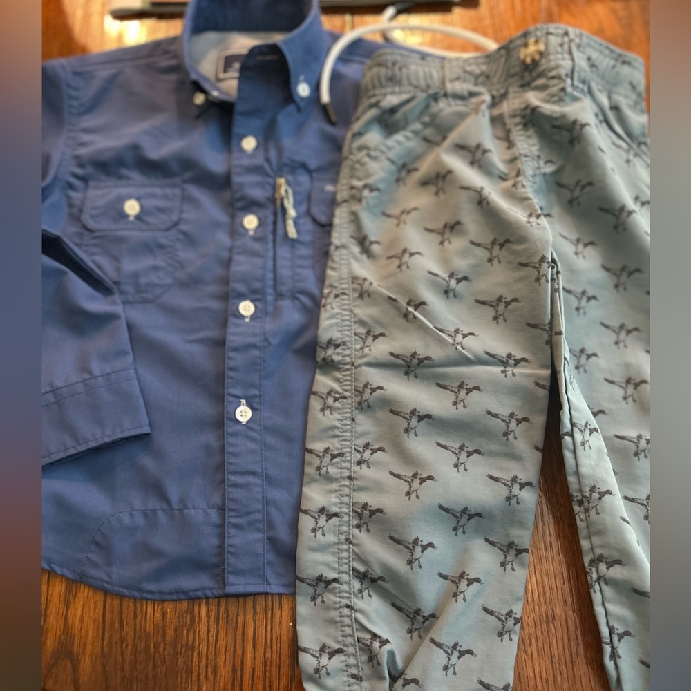 2T properly Tied boys hunting pants and fishing shirt, never worn